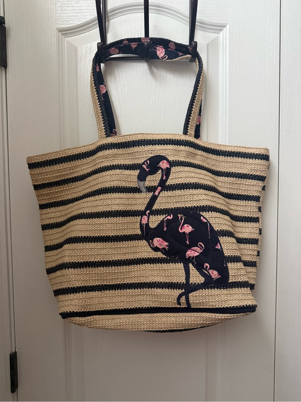 Vera Bradley Navy & Natural Striped Straw Tote with Pink Flamingo